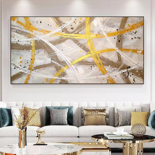 Pure Hand painted Oil Painting Living Room Abstract Sofa Background Wall Painting Golden Line Decorative Painting,27inx54in,No Frame