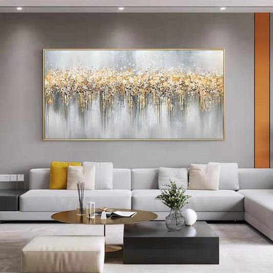Hand Painted Abstract Mural on Canvas Modern Art Deco Painting Living Room Horizontal Composition Yellow,27inx54in,No Frame