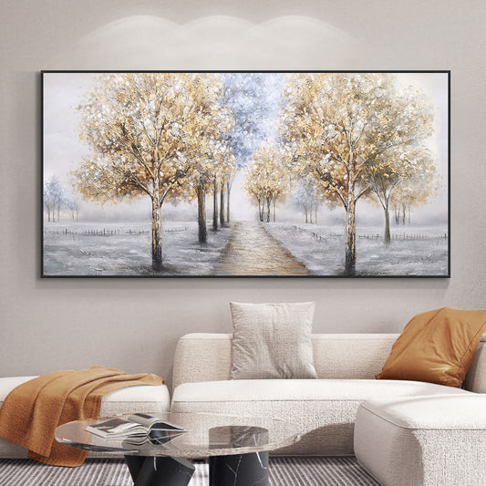 Abstract Thick Textured Yellow Tree Oil Painting  Hand Painted On Canvas Handmade Wall Art,27inx54in,No Frame