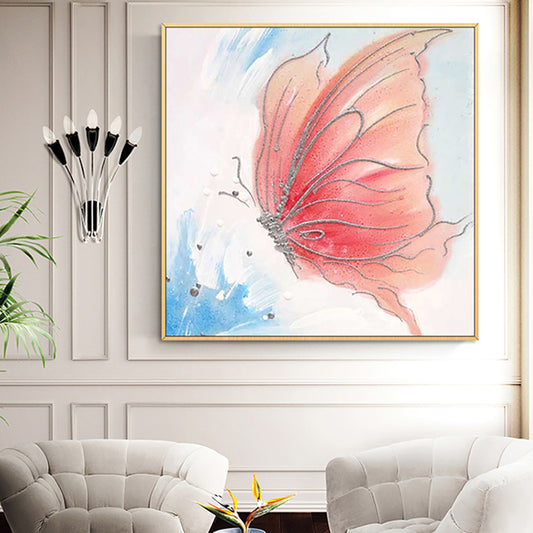 Hand Painted Pink Butterfly On Canvas Oil Painting Modern Paintings Wall Art For Living Room Kids,31inx31in,No Frame