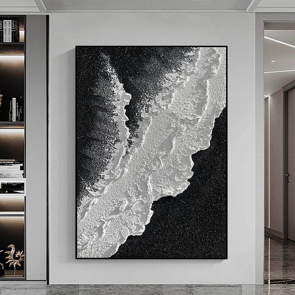 Hand Painted Oil Painting Black And White Wave 3D Texture Abstract Painting Living Room Decoration Painting,31inx47in,No Frame