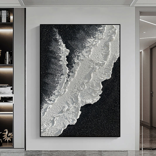 Hand Painted Oil Painting Black And White Wave 3D Texture Abstract Painting Living Room Decoration Painting,31inx47in,No Frame