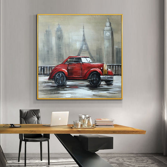 Abstract Red Car Painting  Handpainted Oil Painting On Canvas Fashion Modern Still Life Painting Wall,31inx31in,No Frame