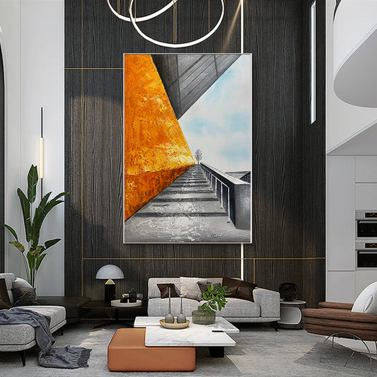 #770Hand Painted Oil Painting Space Abstract Black and White Orange Decorative Painting LivingRoom Background Wall Hanging,31inx47in,No Frame