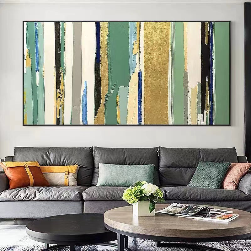 Hand painted Oil Painting Living Room Hanging Painting Sofa Background Wall Decoration Painting Green Gold Foil,27inx54in,No Frame