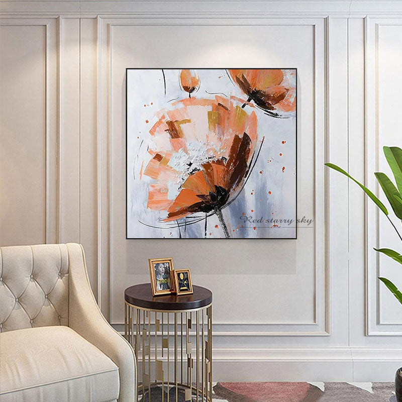 Nordic Restaurant Oil Painting Modern Minimalist Living Room Decoration Painting Abstract Flower Mural,31inx31in,No Frame