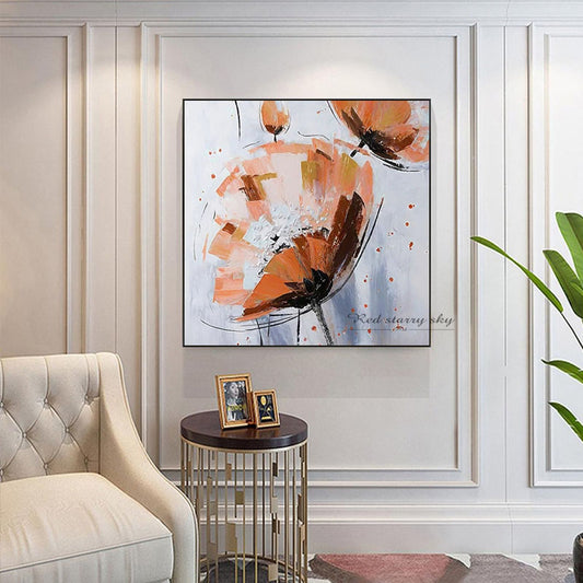 Nordic Restaurant Oil Painting Modern Minimalist Living Room Decoration Painting Abstract Flower Mural,31inx31in,No Frame