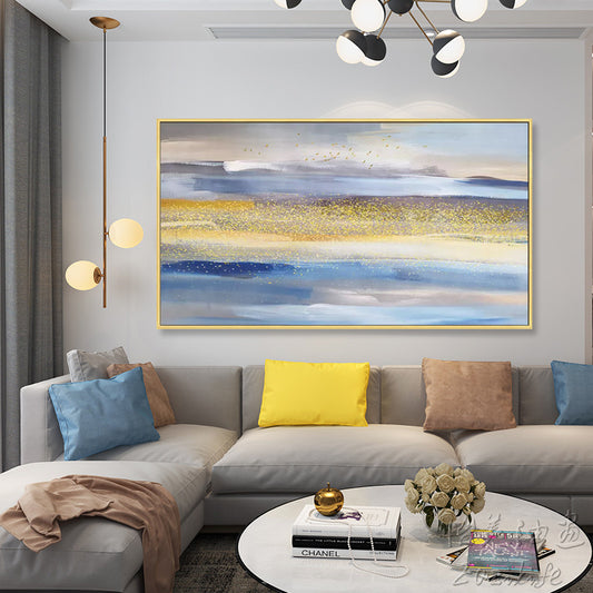 Sea Abstract Oil Painting Handmade Canvas Wall Art Minimalist Modern Living Room Decoration Northern European Style Gold Foil27inx54in,No Frame