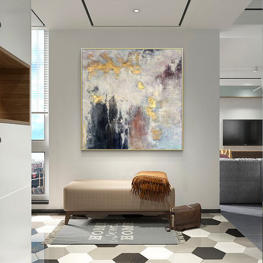 Pure Hand painted Oil Painting Nordic Abstract Gold Foil Decorative Painting Living Room Vertical Hanging Painting,31inx31in,No Frame