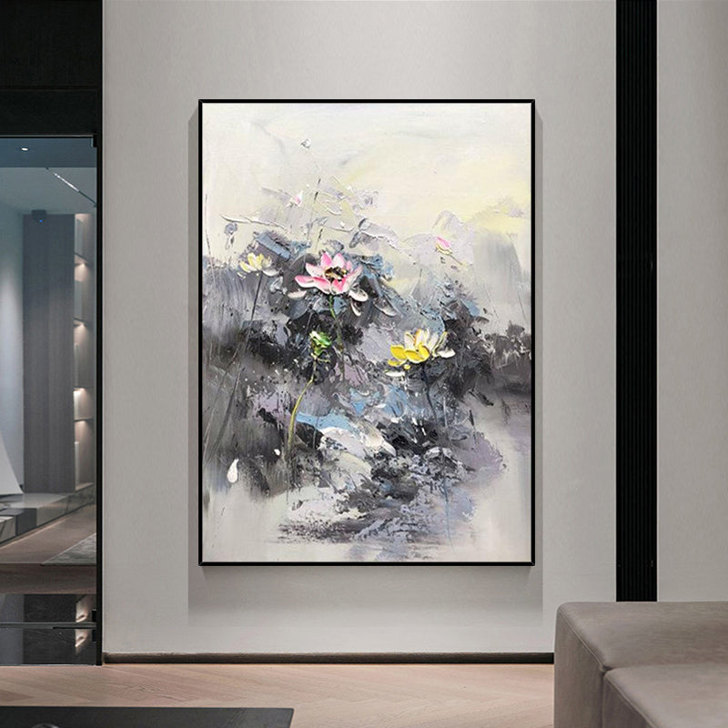 Pure Hand painted Black And White Abstract Flower Oil Painting Texture On Canvas Living Room Home,31inx47in,No Frame