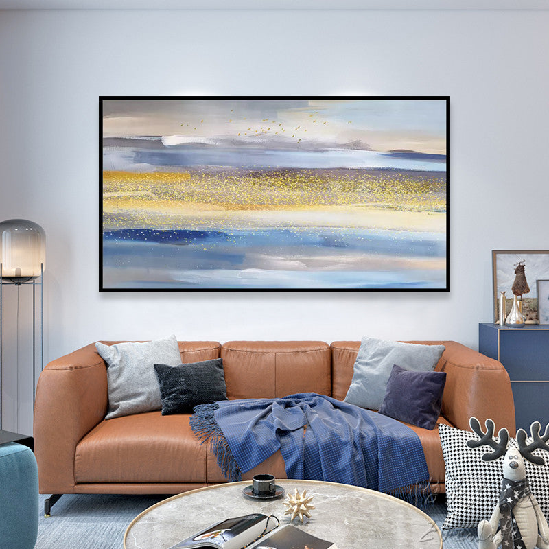 Sea Abstract Oil Painting Handmade Canvas Wall Art Minimalist Modern Living Room Decoration Northern European Style Gold Foil27inx54in,No Frame