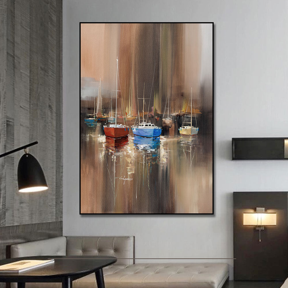 Handpainted Abstract Sail Boats Oil Painting On Canvas Handmade Beautiful Abstract Brown Landscape Oil Paintings For