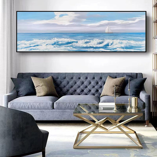 Modern Hand painted Living Room Oil Painting Horizontal Version of the Wave Sofa Background Decorative Painting,27inx54in,No Frame