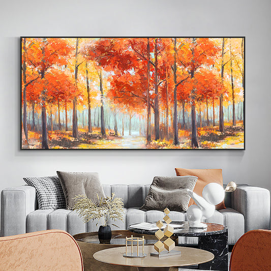 Abstract Trees With Orange Yellow Oil Painting  Hand Painted Large Size Canvas Modern Wall,27inx54in,No Frame