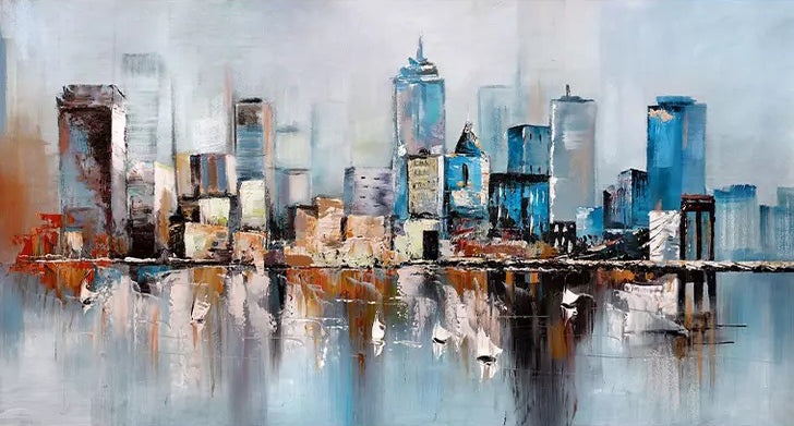 Handmade Oil Painting On Canvas Modern Abstract Wall Art NY City Building Skyline Grey Oil Painting,27inx54in,No Frame