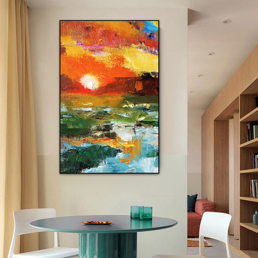 Abstract Sunset Glow Oil Painting On Canvas  Hand Painted Bright Textured Modern Canvas Wall Art For Living Room,31inx47in,No Frame