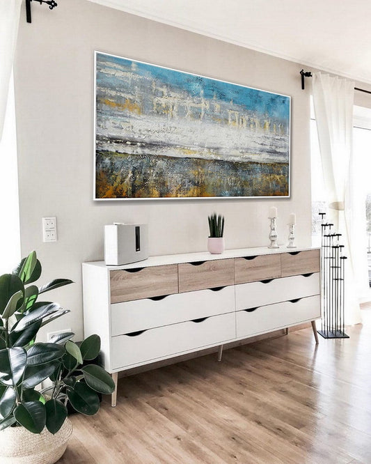 Textured Abstract Canvas Painting Extra Large Wall Art Contemporary Texture Oversize Modern Acrylic Artwork Panoramic Horizontal27inx54in,No Frame