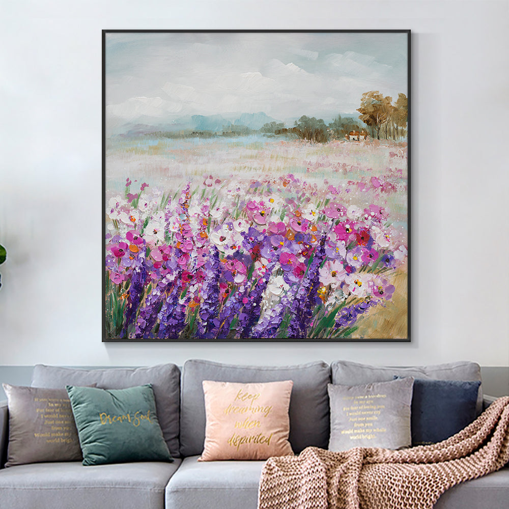 Handmade Purple Pink Lavender Oil Painting On Canvas Abstract Landscape Painting Decorative Wall Art Picture,31inx31in,No Frame