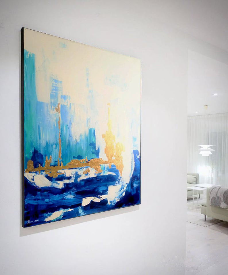 BlueSkylineAbstractPaintingContemporaryArtOriginalLargeWallArtCanvasWallArtLargeBlueGold 31in,No Frame