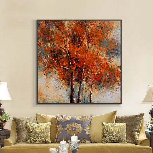 Abstract Brown Trees With Red Leaves On Canvas  Hand Painted Oil Painting Modern Wall Art,31inx31in,No Frame