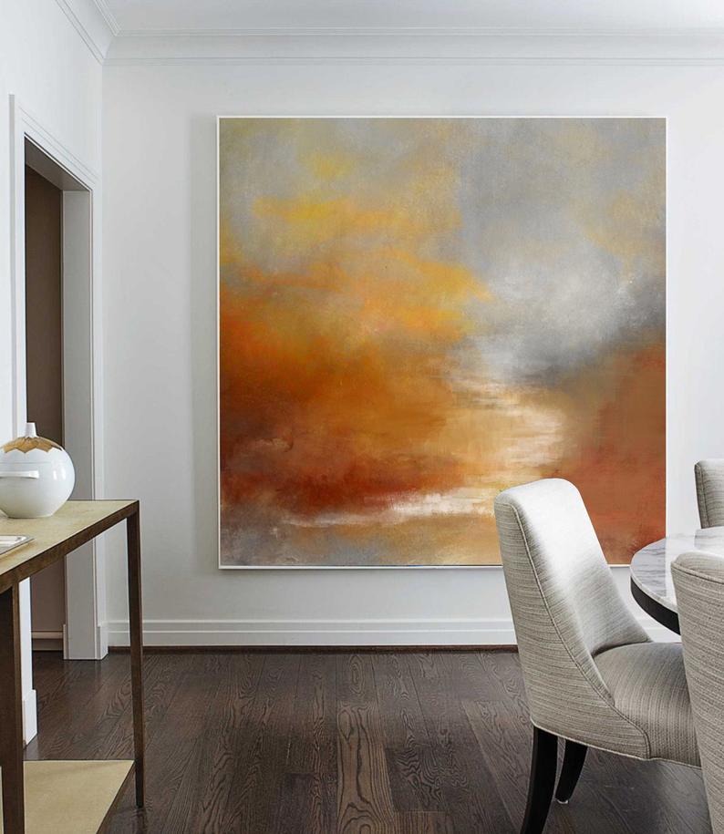 Sky Abstract Painting On Canvas Orange Painting Brown Abstract Painting Sunrise Landscape Painting Wall Art Office 31in,No Frame