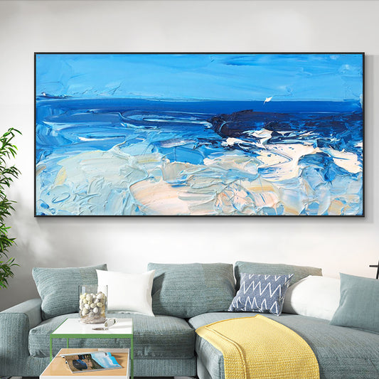 Abstract Thick Textured Blue Sea Painting  Hand Painted Oil Painting On Canvas Modern Wall Art,27inx54in,No Frame