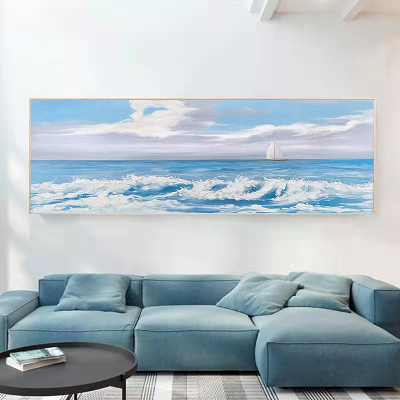 Modern Hand painted Living Room Oil Painting Horizontal Version of the Wave Sofa Background Decorative Painting,27inx54in,No Frame