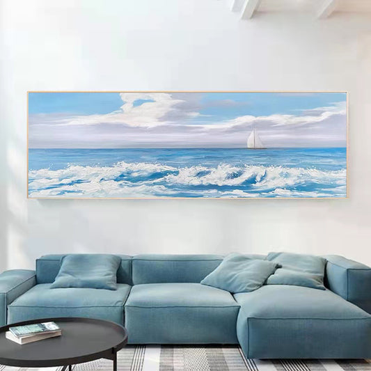 Modern Hand painted Living Room Oil Painting Horizontal Version of the Wave Sofa Background Decorative Painting,27inx54in,No Frame