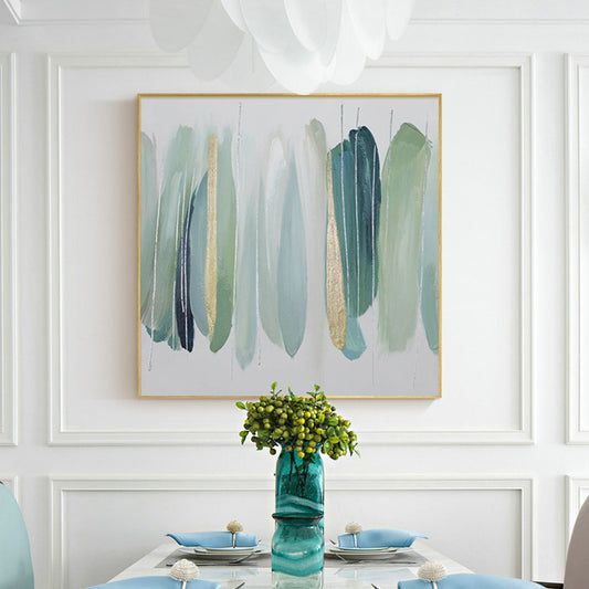 Hand painted Nordic Oil Painting Green Golden Foil On Canvas Color Block For Living Room,31inx31in,No Frame