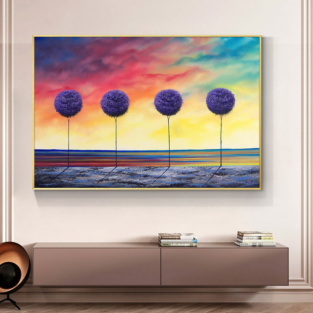 Hand Painted Oil Painting On Canvas Abstract Colorful Sky Purple Plant Thick Palette Knife Painting,27inx54in,No Frame