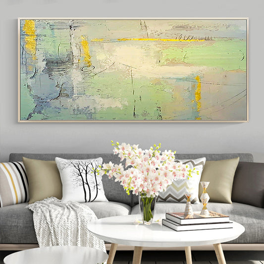 Hand painted Oil Painting Gold Green Living Room Porch Bedroom Decoration Painting Abstract Large,27inx54in,No Frame
