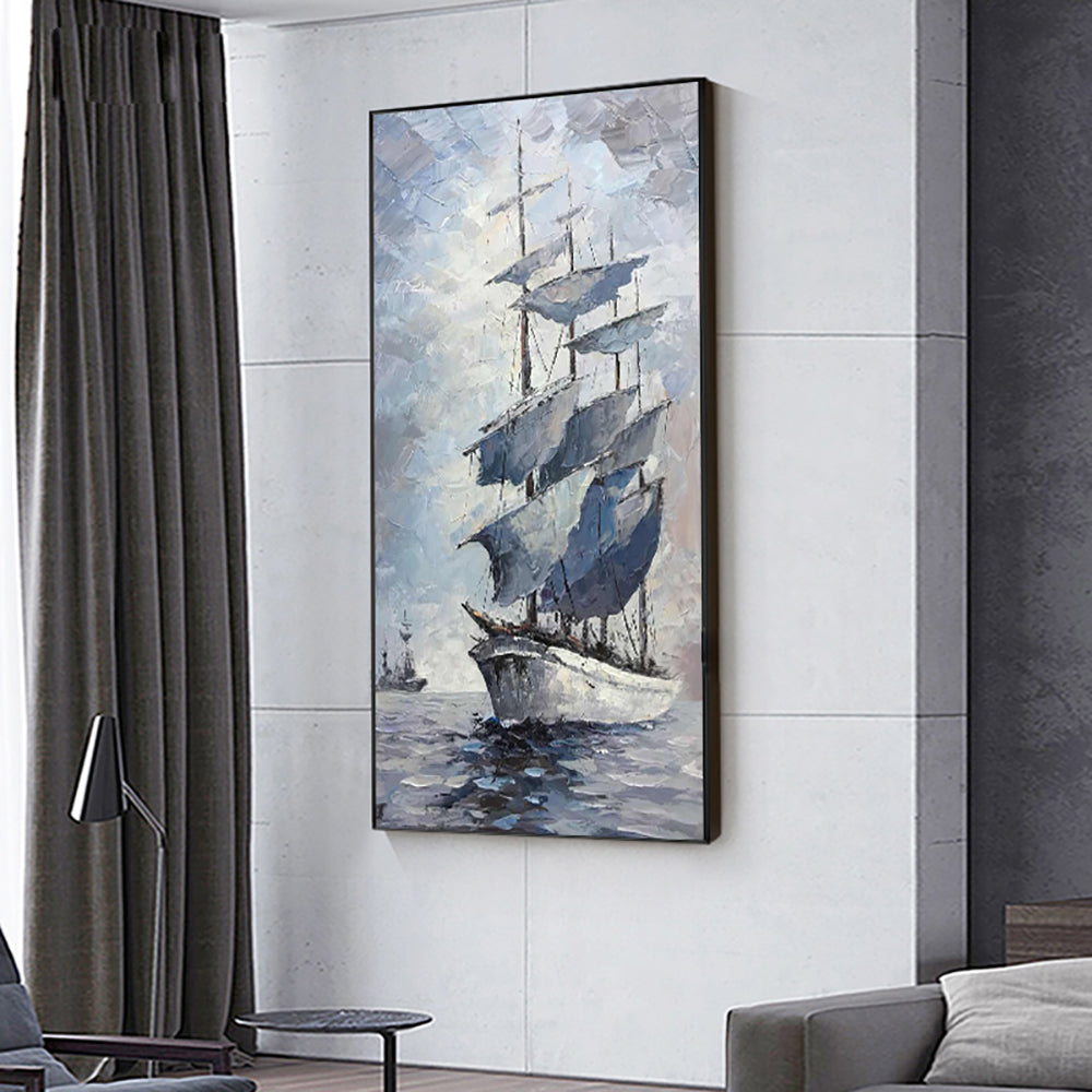 Hand Painted Abstract Sailboat Oil Painting On Canvas Handmade Thick Oil Knife Paintings Picture,27inx54in,No Frame