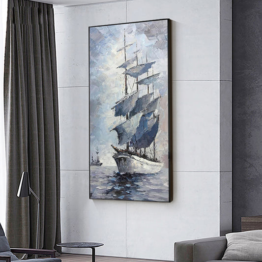 Hand Painted Abstract Sailboat Oil Painting On Canvas Handmade Thick Oil Knife Paintings Picture,27inx54in,No Frame