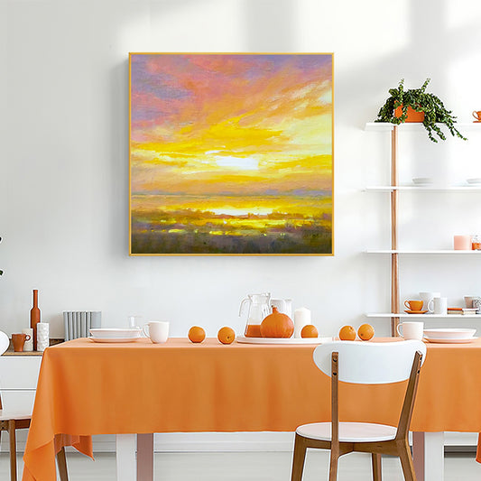 Pure Hand painted Oil Painting Yellow Purple Seaside Sunrise Decorative Painting Thick Oil Vertical Version Knife,31inx31in,No Frame