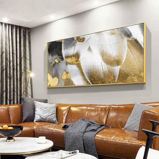 Light Extravagant Gold Feather Banner Abstract Painting Modern Minimalist Substantial Wall Paintings Decorative Painting The Liv27inx54in,No Frame