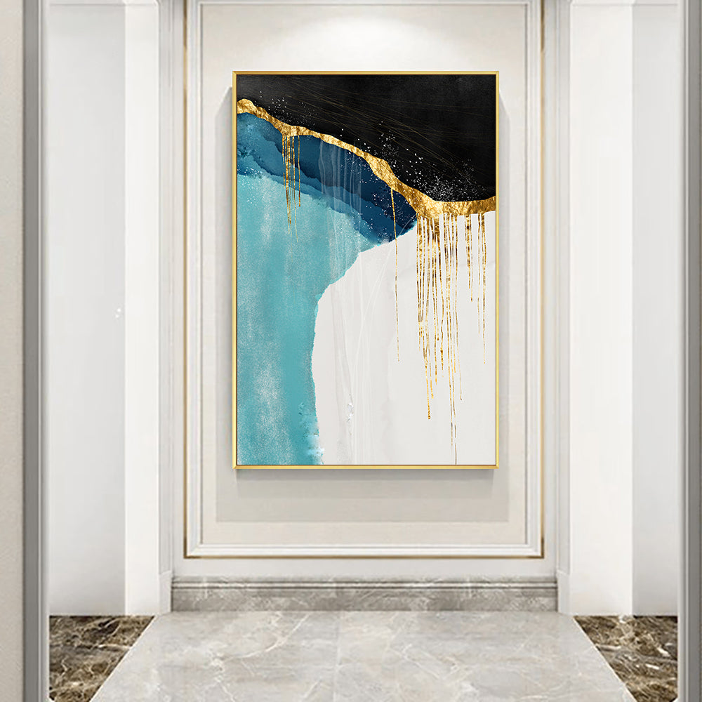 #1160Hand Painted Black With White Abstract Gold Foil Oil Painting Canvas Wall Art Fine Modern For Living Room,31inx47in,No Frame