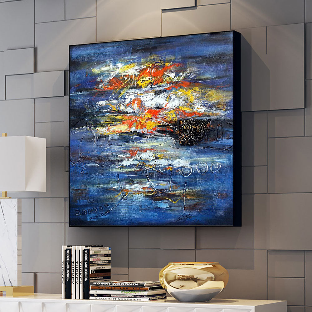 Hand Painted Oil Painting On Canvas Abstract Modern 3D Blue Painting Large Size Wall Art,31inx31in,No Frame