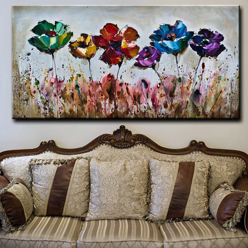 Abstract 7 Different Colors Flowers Oil Painting  Hand Painted On Canvas Modern Handmade Wall Art,27inx54in,No Frame