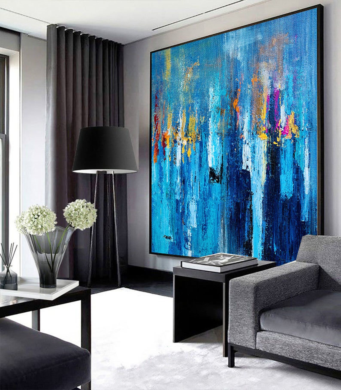 LargeWall-ArtModernArtBlueYellowArtHandPaintedAbstractPaintingTextureArtPaletteKnife  31in,No Frame