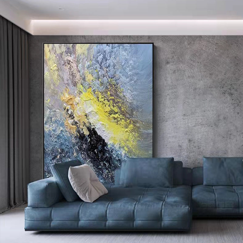 Large Handmade Art Knife Drawing Abstract Oil Painting Gold Blue Thick Oil Texture Canvas Art Mural,31inx47in,No Frame