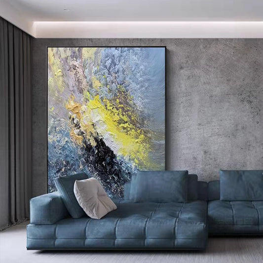 Large Handmade Art Knife Drawing Abstract Oil Painting Gold Blue Thick Oil Texture Canvas Art Mural,31inx47in,No Frame