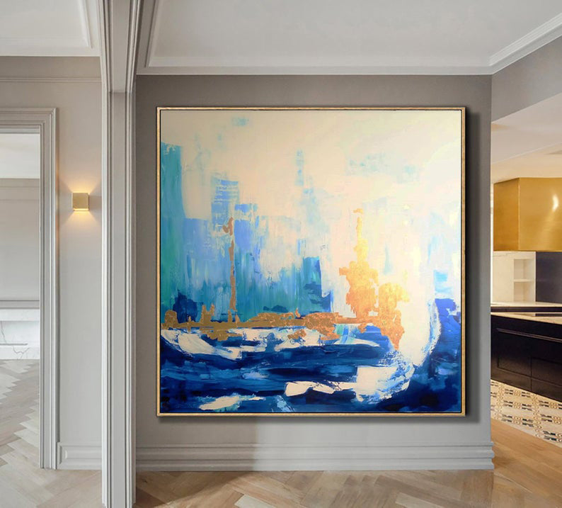BlueSkylineAbstractPaintingContemporaryArtOriginalLargeWallArtCanvasWallArtLargeBlueGold 31in,No Frame