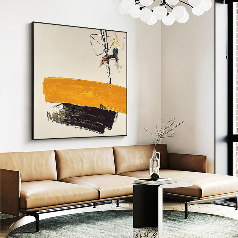 Pure Hand painted Oil Painting Modern Abstract Hanging Painting Black And White Orange Art Retro Living,31inx31in,No Frame