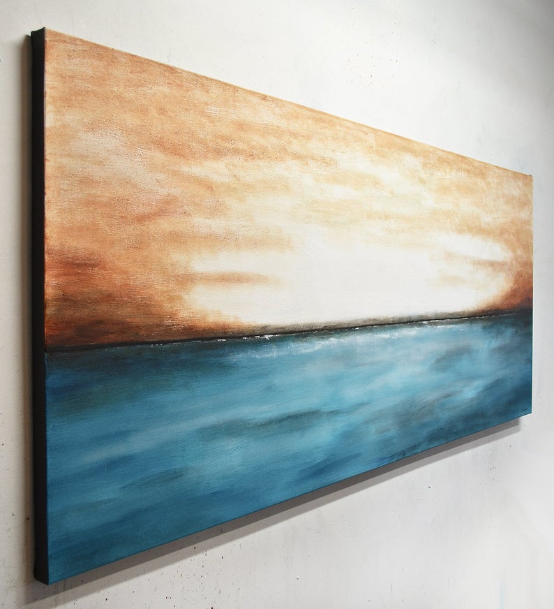 Landscape Painting Canvas Art Large  Wall Art Abstract Ocean Painting Landscape Art Blue Gray Seascape Oil Painting Artwork 27inx54in,No Frame