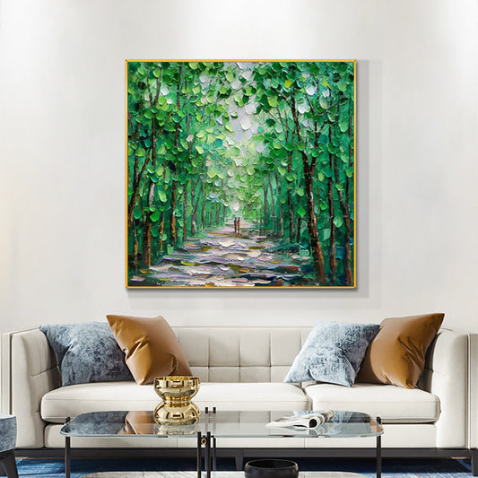 Spring Green Woods Hand Painted Modern Wall Art Oil Painting On Canvas Living Room Decoration Picture,31inx31in,No Frame
