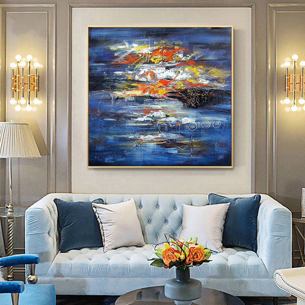 Hand Painted Oil Painting On Canvas Abstract Modern 3D Blue Painting Large Size Wall Art,31inx31in,No Frame
