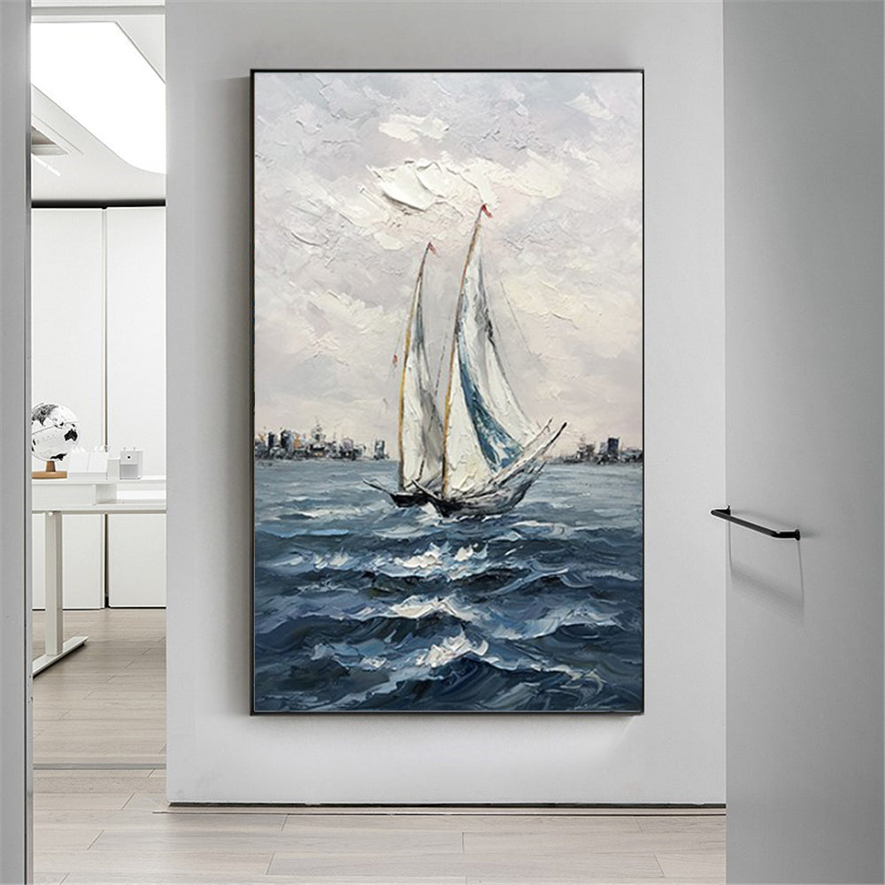 Hand Painted Oil Painting Sailboat Sea Landscape On Canvas Handmade Paintings Large Salon Decoration Abstract Wall,27inx54in,No Frame