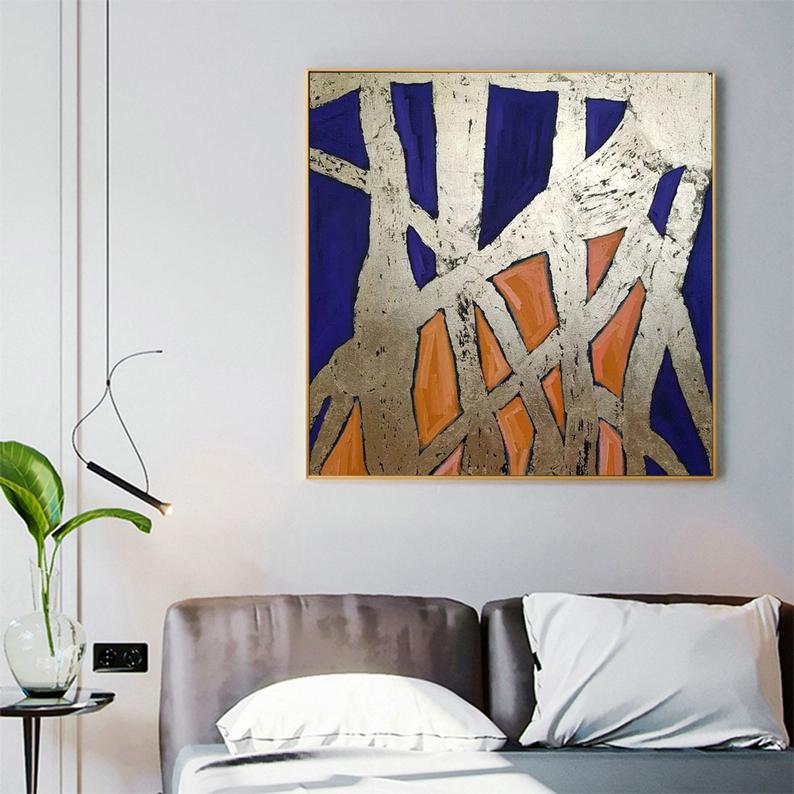 Gold Leaf Painting Blue Abstract Painting On Canvas Deep Blue Painting Beige Painting Yellow Abstract Canvas Oversize Wall Art31in,No Frame