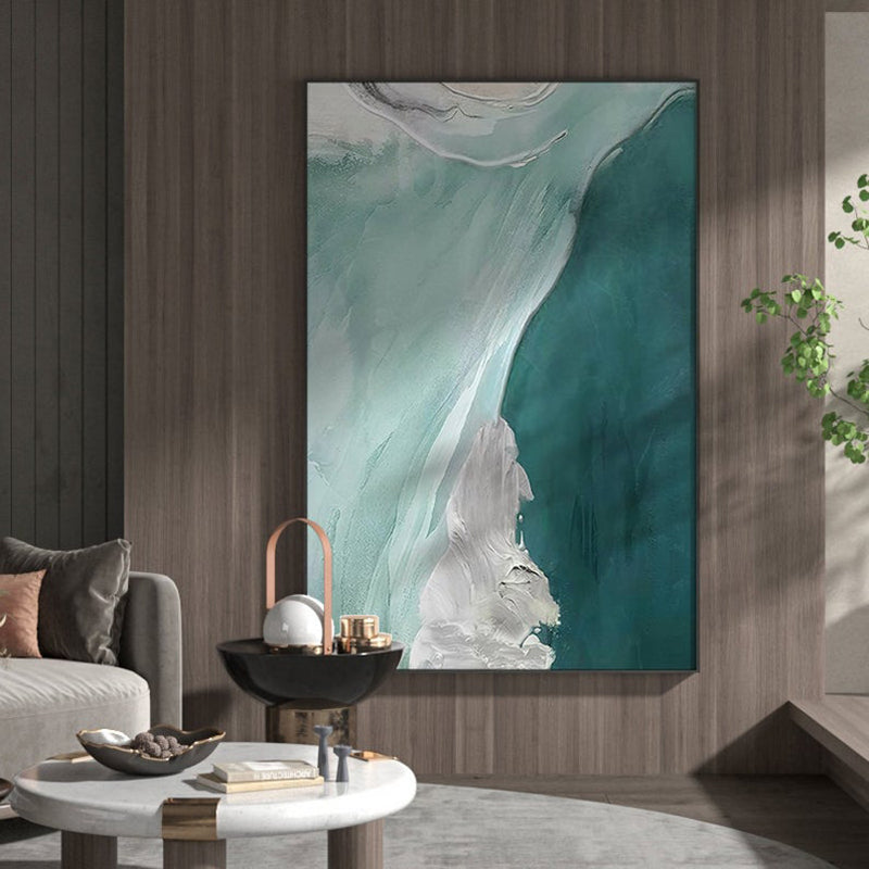 Handmade Abstract Oil Painting Cyan Green Flowing Water Simplicity Wall Art On Canvas Home Decor Restaurant ,31inx47in,No Frame
