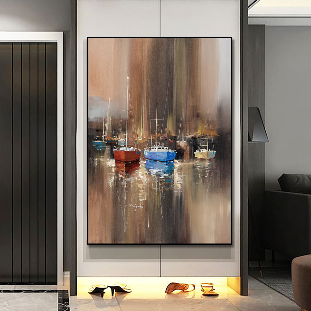 Handpainted Abstract Sail Boats Oil Painting On Canvas Handmade Beautiful Abstract Brown Landscape Oil Paintings For